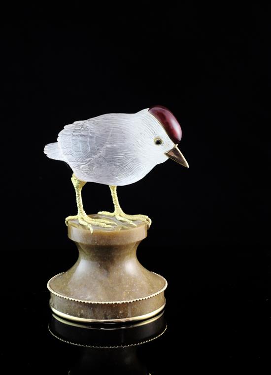 A cased 1980s Boucheron 18ct gold and enamel rock crystal model of a bird, 3.5in.